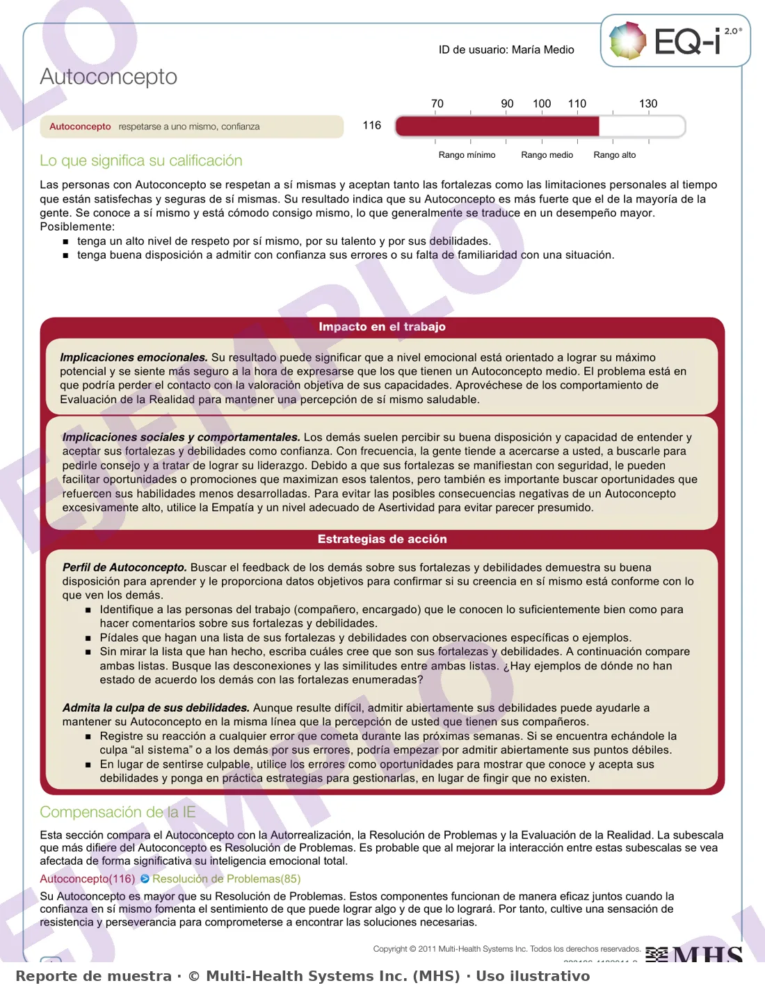 Ejemplo de informe EQ-i 2.0: detalle de subescala y estrategias de acción