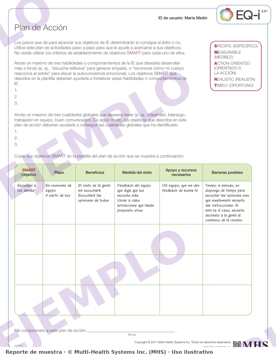Ejemplo de informe EQ-i 2.0 Ambiente de Trabajo: plan de acción